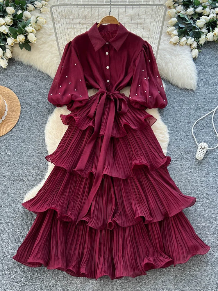 

Summer French Nail Diamond Lantern Sleeve Ruffle Cake Dress Women's New Fashionable Cinched Birthday Party Pleated Dress B10