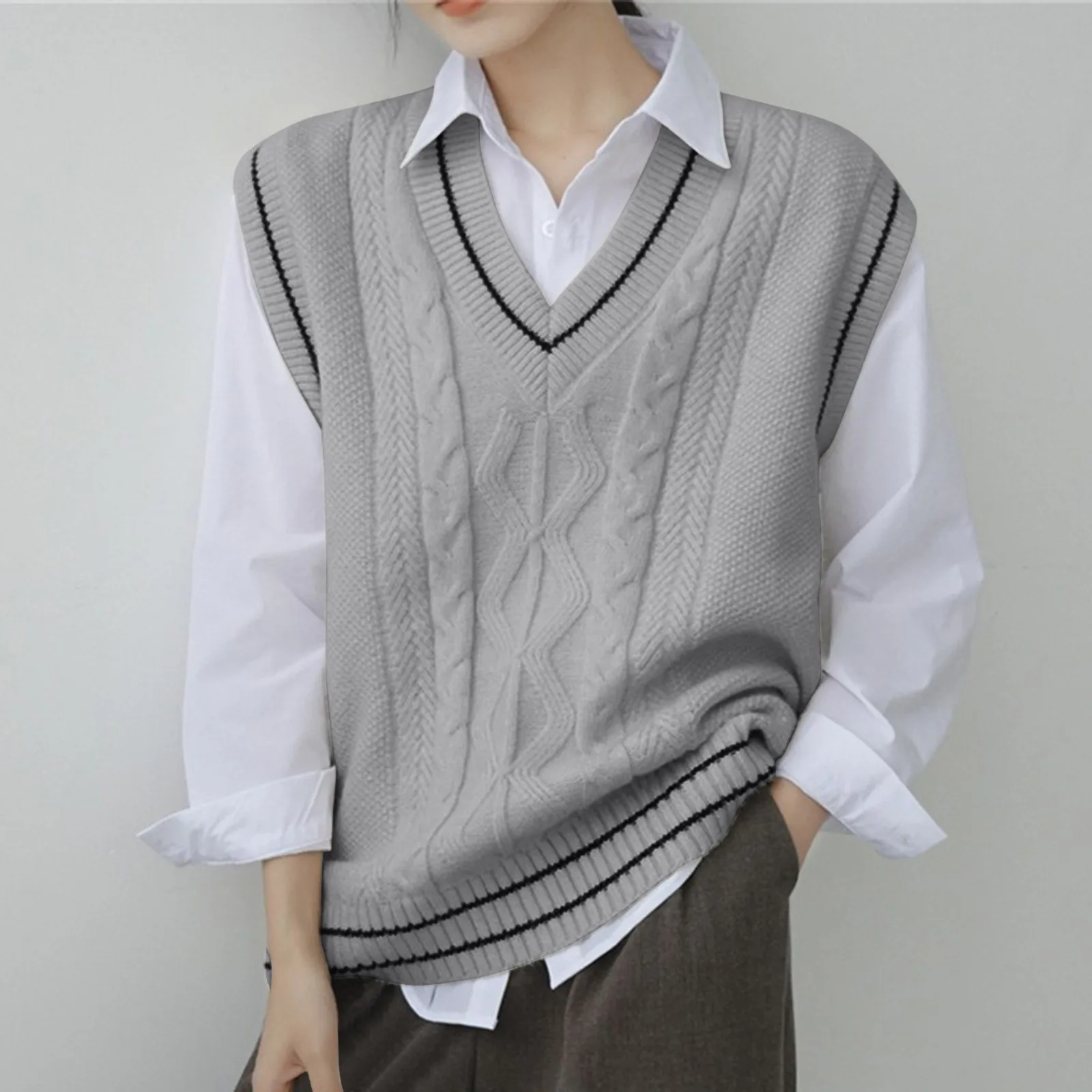 Sweater Vest Women Thicken V-neck Sleeveless Knitted Sweaters Vests Striped Retro Preppy-style Simple Chic Loose Casual Tops