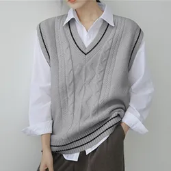 Sweater Vest Women Thicken V-neck Sleeveless Knitted Sweaters Vests Striped Retro Preppy-style Simple Chic Loose Casual Tops