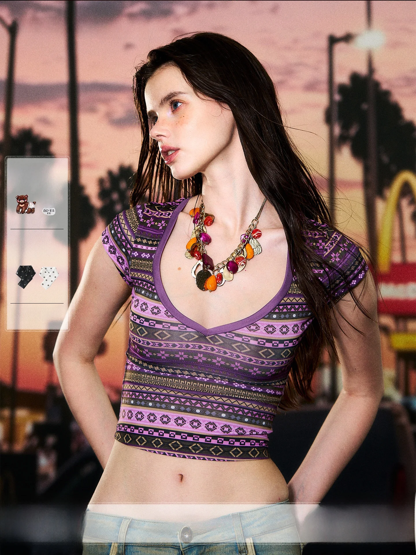 Slim Fit Short Sleeve T-Shirt Gypsy Girl Siamese Stripe DeleteEX Casual Style Women's Fashion Summer Collection V-Neck Top