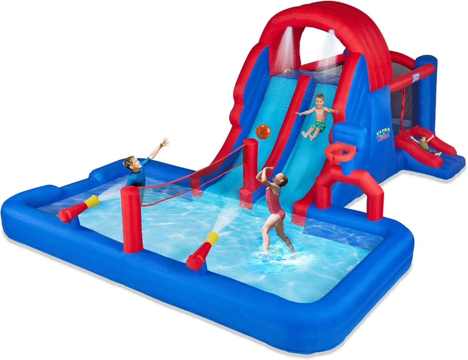 Heavy-Duty Inflatable Water Slide Park for Outdoor Fun - Climbing Wall, Slides, Bounce House, Volleyball Net, Basketball Hoop, Deep Pool - Includes Air Pump & Carrying Case