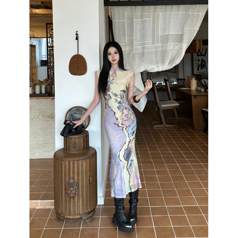 Modern Chinese Style Floral Qipao Dress for Women Reversible Mesh Tank Maxi Dress with Elegant National-Inspired Design Trendy