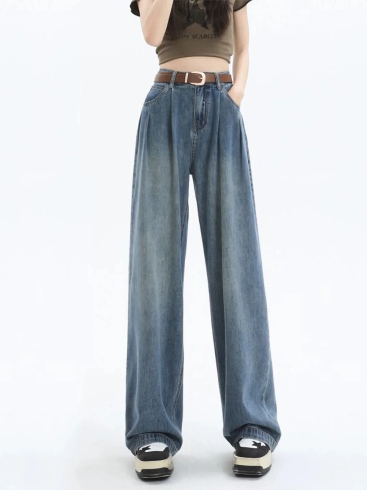 High Waist Wide Leg Jeans Women's Straight Cut Pleated Slimming Long Pants Dreamy Korean Style plus Size Denim Trousers