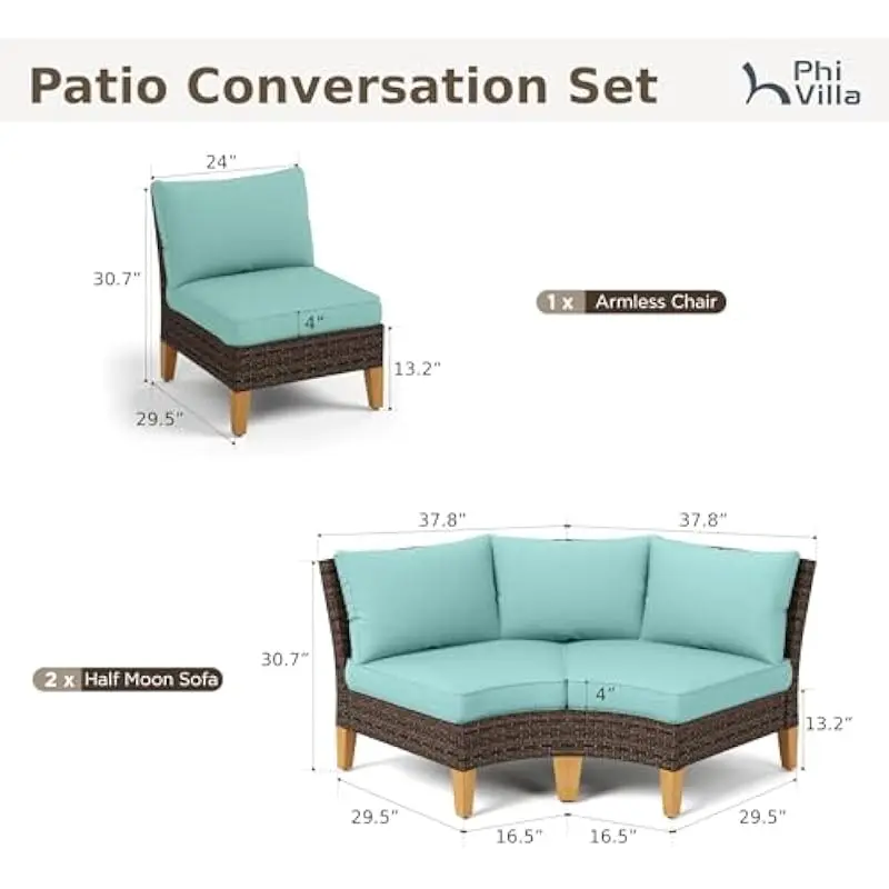 5-piece modular rattan outdoor sofa set in aqua blue with semicircular layout, extra-wide 24-inch seats, 4-inch thick UV-resista