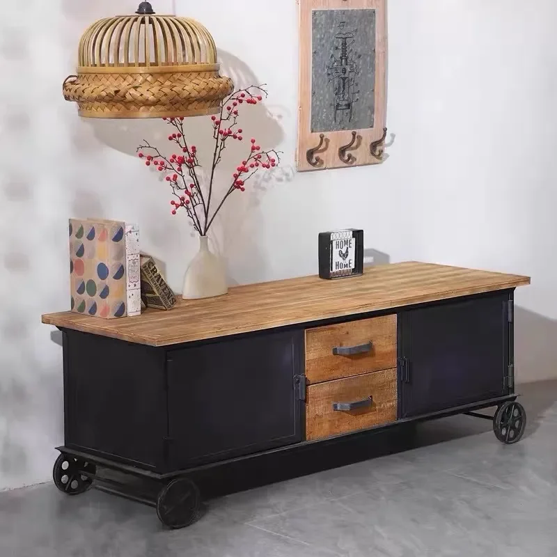 Industrial Style Solid Wood Dining Side Cabinet Retro Wrought Iron TV Console Restaurant Meal Prep Storage Locker Wall