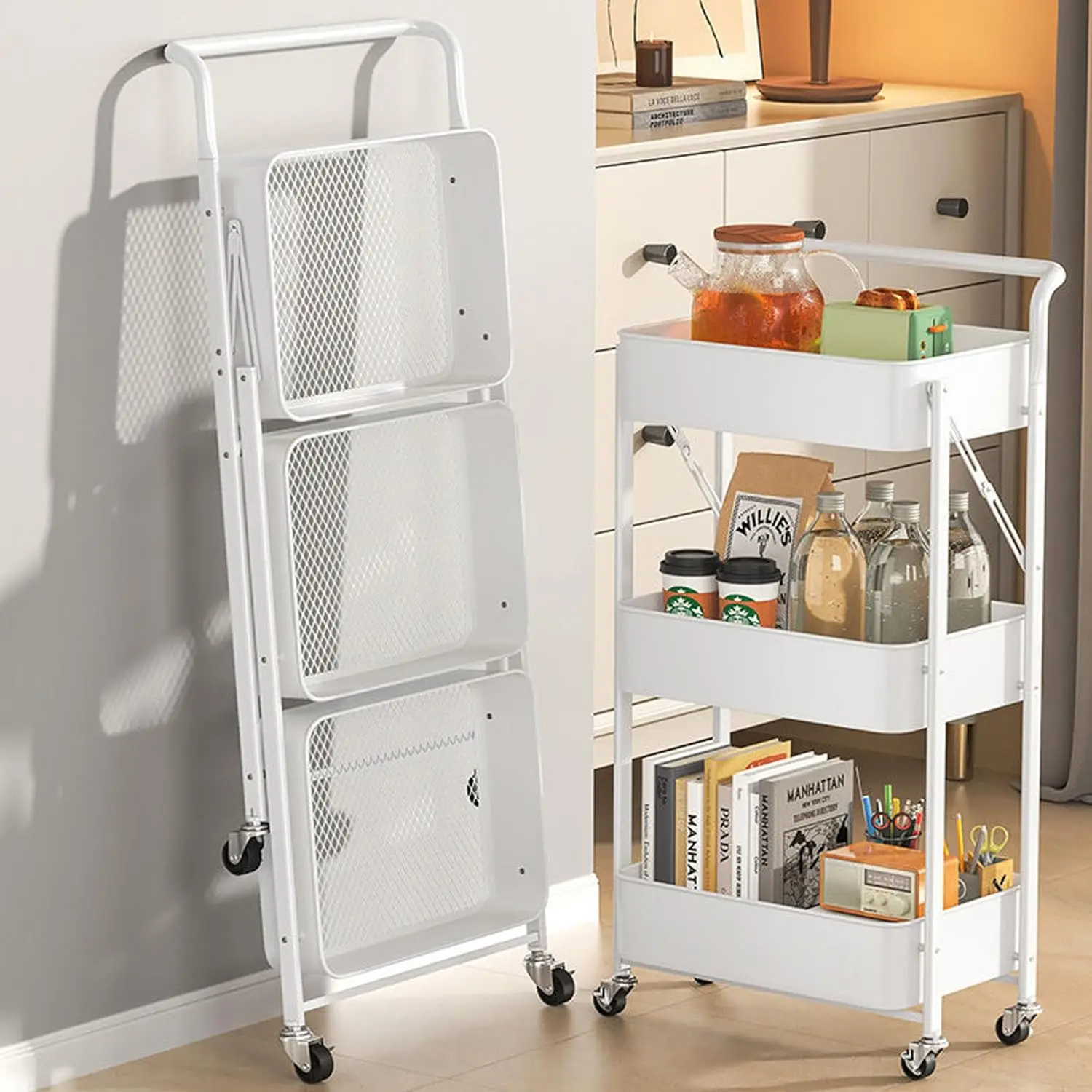 

Foldable Metal Storage Cart Rolling Baskets with Wheels, No Assembly, Metal Wire Market Basket Storage Organizer Stackab