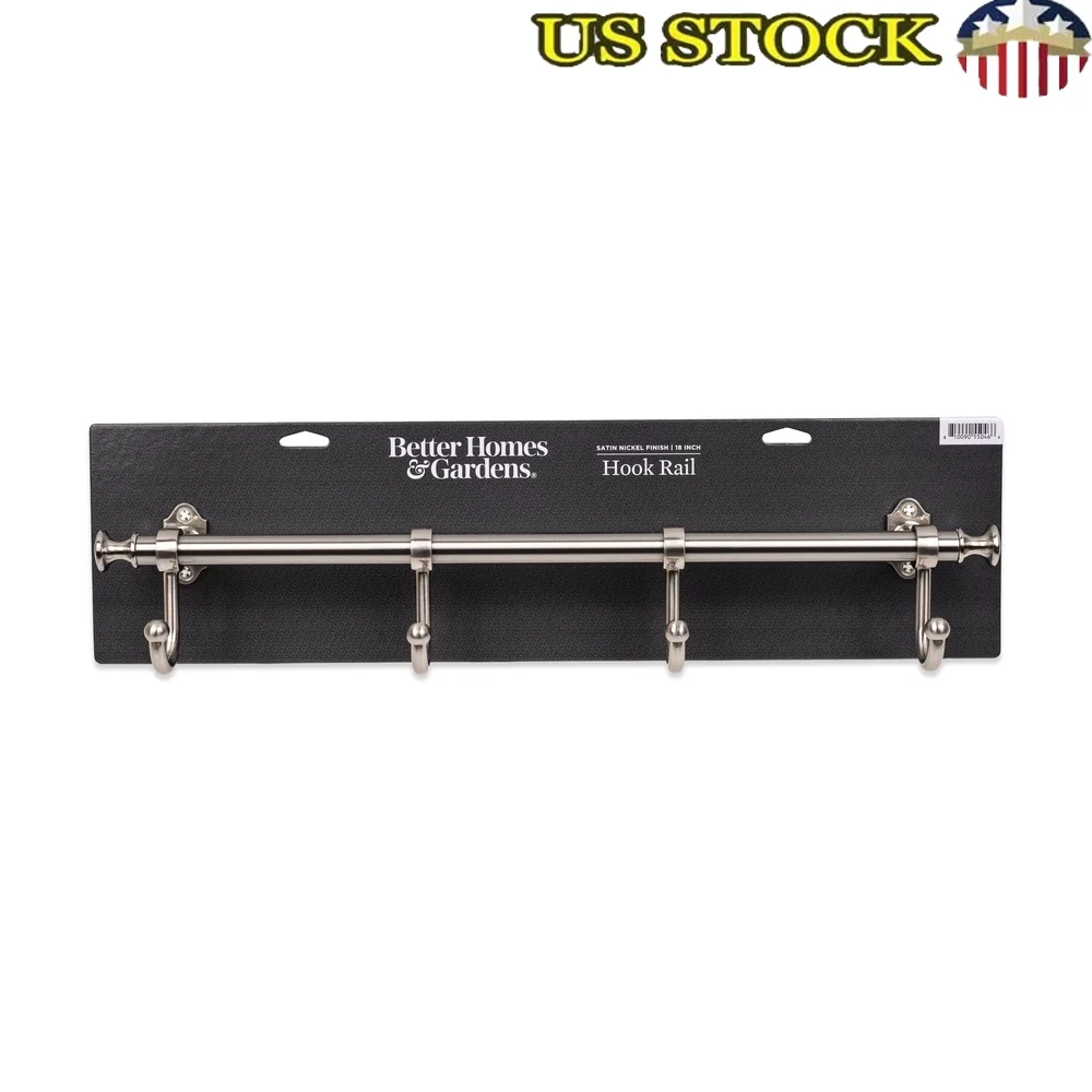 

18 Inch Wall Mounted Metal Hook Rack 4 Hooks Satin Nickel Elegant Storage Solution Coats Hats Scarves Accessories Easy