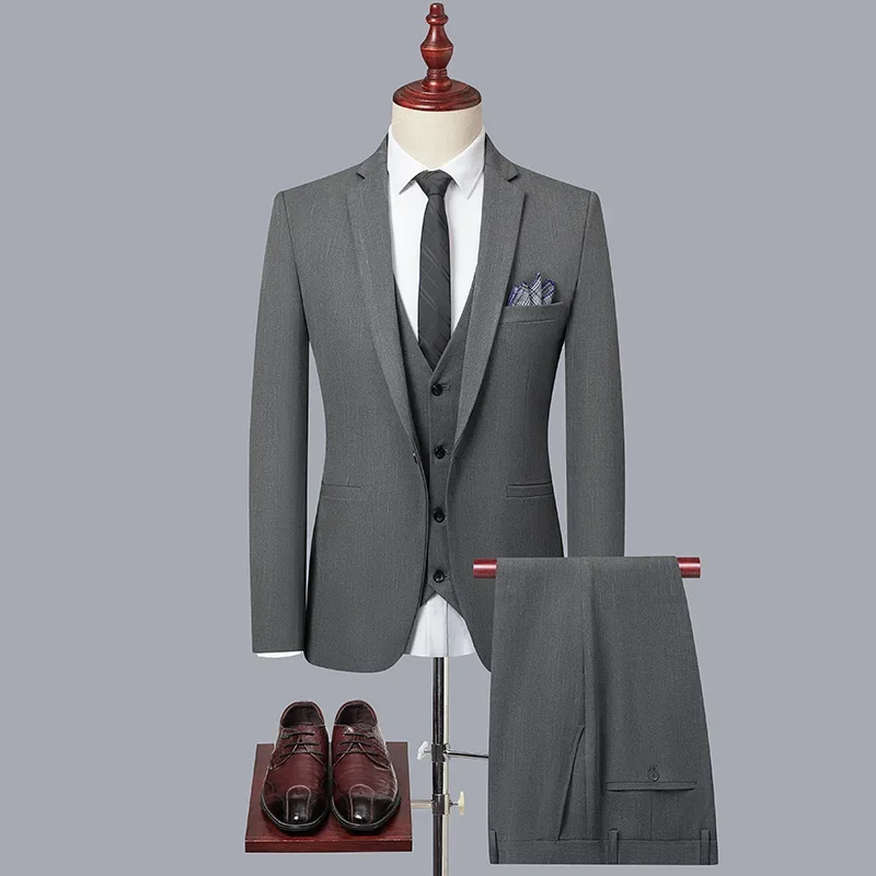 2023High-end new boutique (suit + vest + trousers) men\'s fashion business slimming trend casual wedding three-piece dress