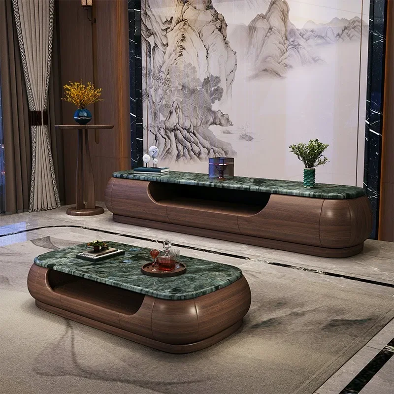 Ebony coffee table TV cabinet combination, high-end living room black walnut luxury stone solid wood floor cabinet