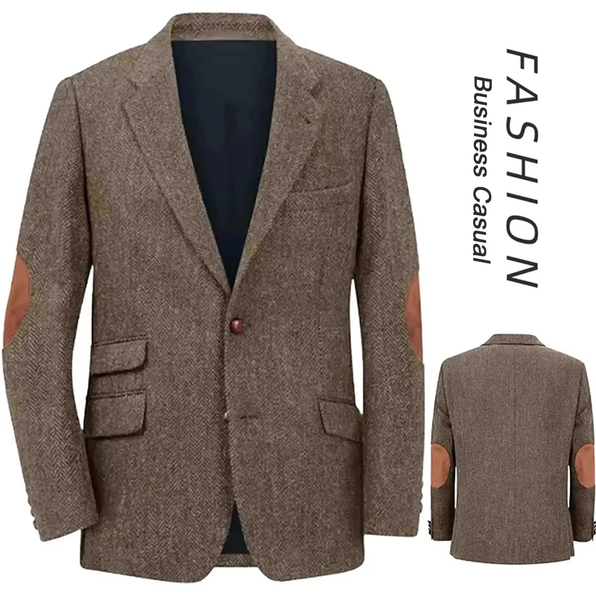 

Retro Men's Casual Blazer British Style Classic Herringbone Fabric Elbow Patchwork Design Daily Leisure Business Autumn Winter