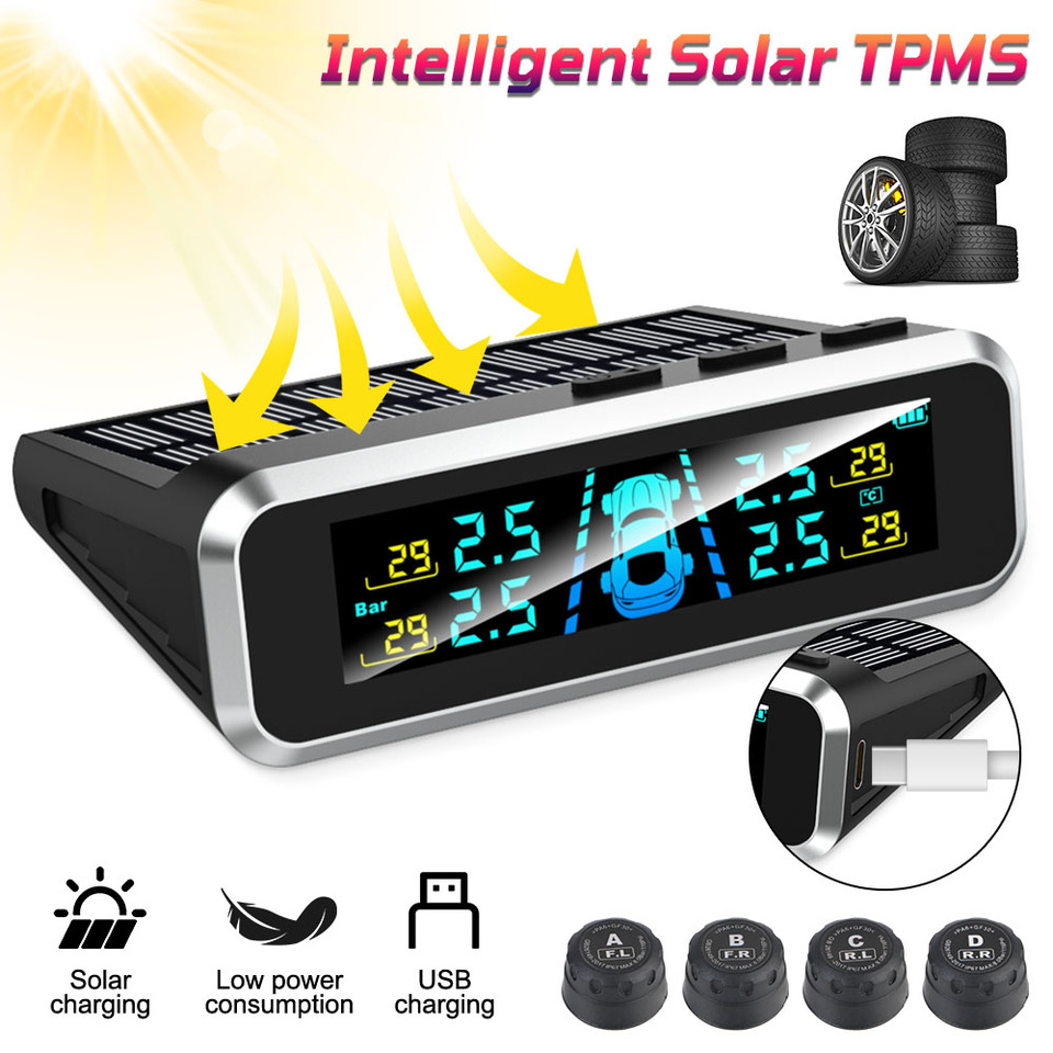  S13 Digital LCD Display Car Tire Pressure Monitoring System 0-6.0Bar USB / Solar TPMS Auto Security Alarm Systems 