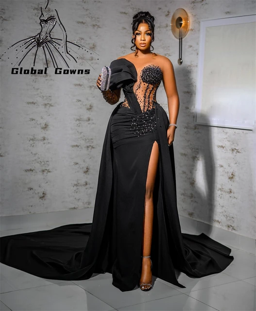 One Shoulder Evening Dress Dor Black Girls 2023 Beaded Birthday Party Gowns Ruffles Long Prom Dresses High Slit Robe De Bal