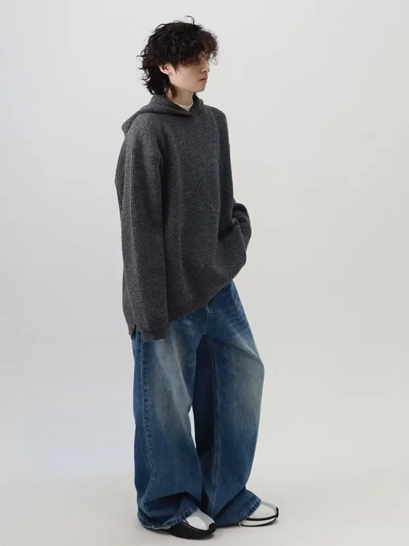 2026 Autumn Winter Simple Solid Color Knitted Men's Hoodie Tops Korean Fashion Casual Loose Hooded Sweatshirt Coats Streetwear