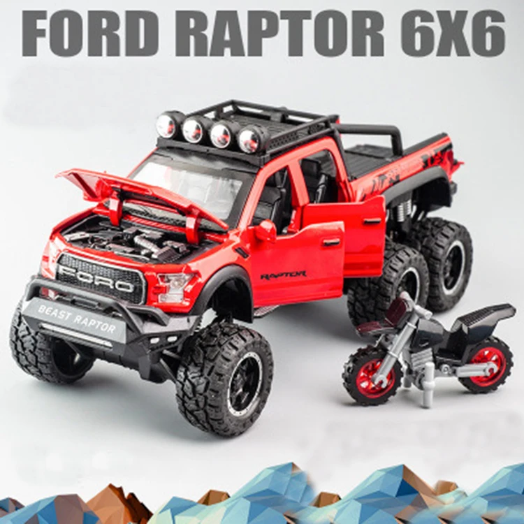 1/28 Diecast Ford Raptor F150 Off-Road Vehicle 6X6 Pickup Suspension Big Wheel Alloy Car Model Truck Boy Gift Children\'s Toy