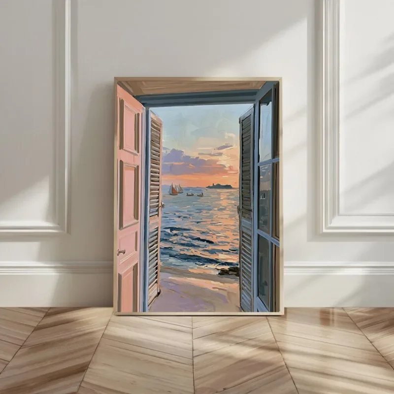 Tableau sur toile représentant une vue de mer au coucher du soleil, avec un bateau, une plage rose et un paysage côtier, idéal pour décorer les murs de votre maison.