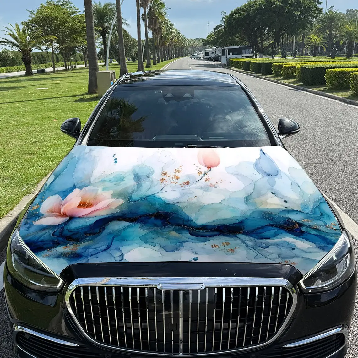 Ink lotus Car hood packaging sticker, PVC material, self-adhesive waterproof, anti-slip paint, car exterior decoration accessori