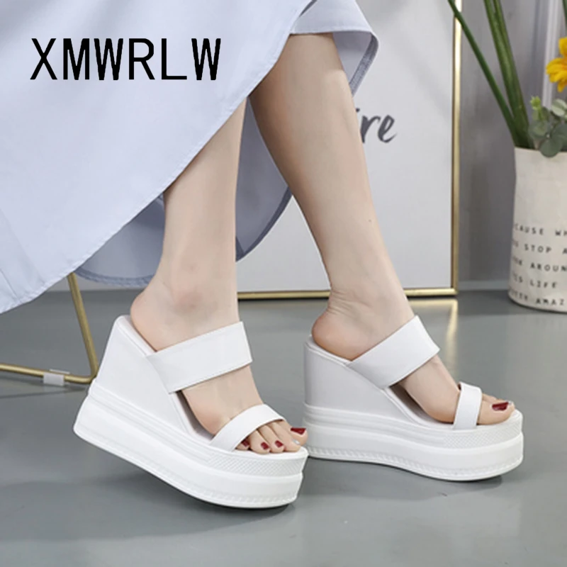 

XMWRLW Women's Platform Slippers 2023 Summer Leather Women Slipper Fashion High Heels Female Shoes Women Summer Slippers Shoes