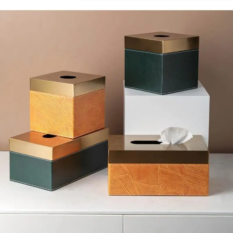 

Square Rectangle Leather Tissue Box Metal Cover Napkin Holder Desktop Paper Storage Boxes Towel Rack