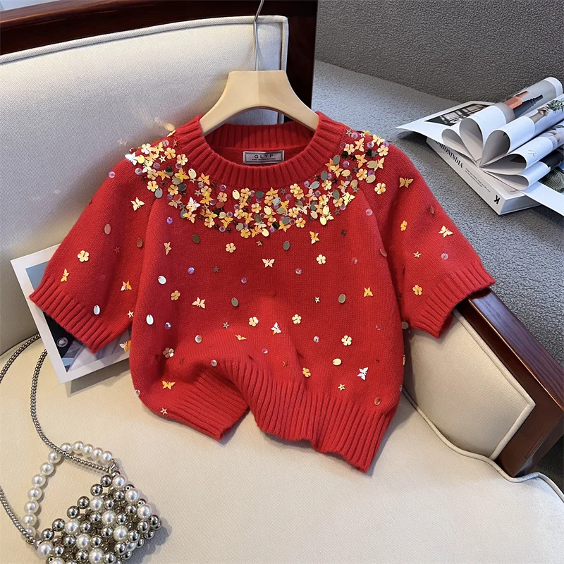 

Women's Clothing Exquisite Sequin Fashionable Knitted Short Sleeve Sweater Spring Autumn Fragrant Sweet Shirt Tops F731