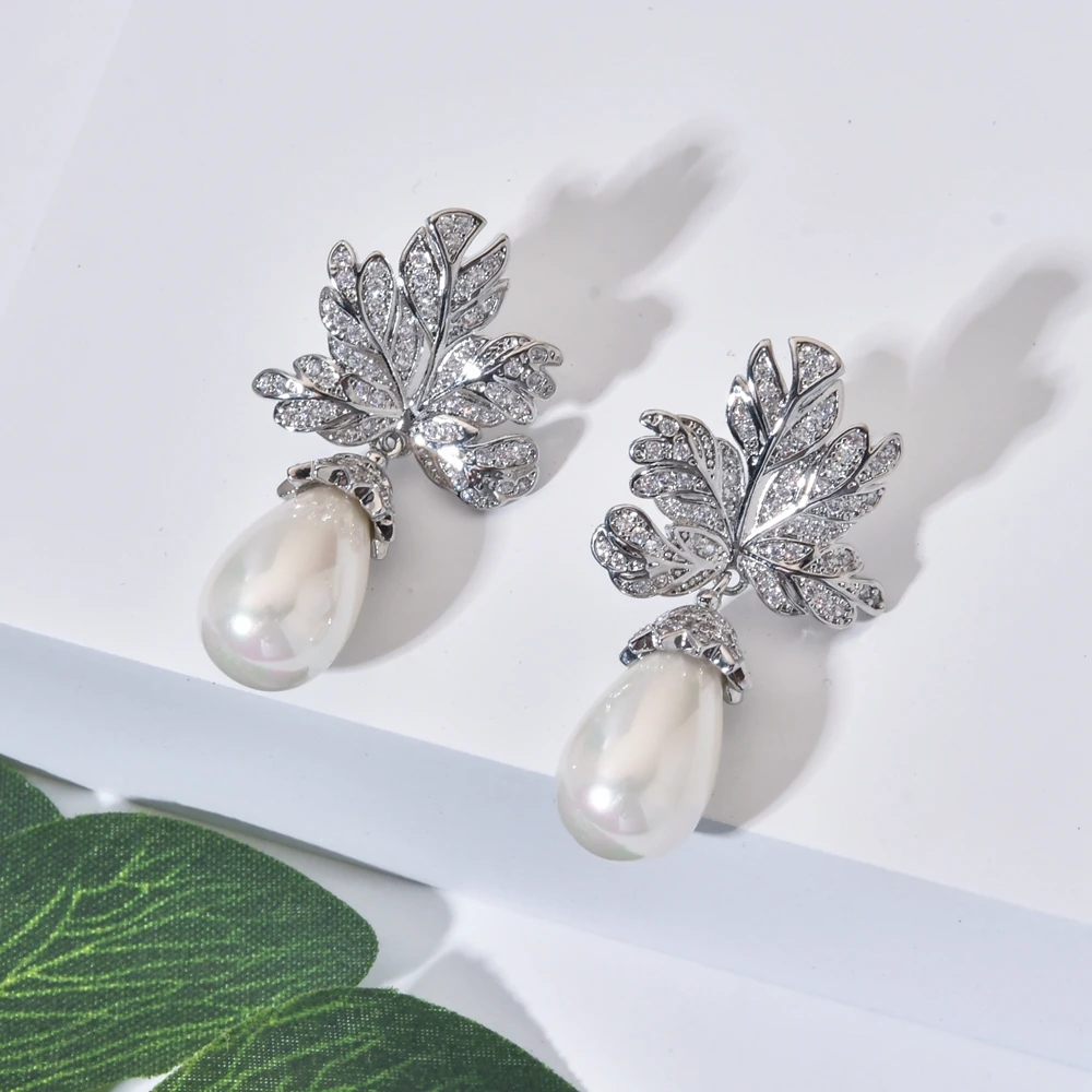 New Fashion Temperament Elegant Leaf Drops Pearl Zircon Earrings for Women/Girls New Bride Jewelry Gifts ER-639