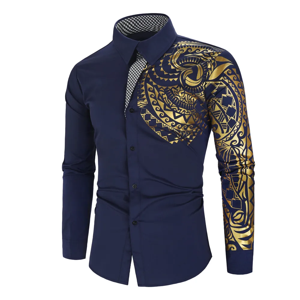 Men\'s Clothing Shirt Men\'s Luxury Gold High Quality Long Sleeve Shirt Business Dress Black Male Dress Prom Social Print Shirt