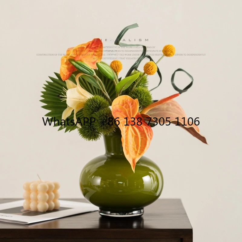 

Modern glass vase vintage green simulation floral art living room home ornaments high-end decorations