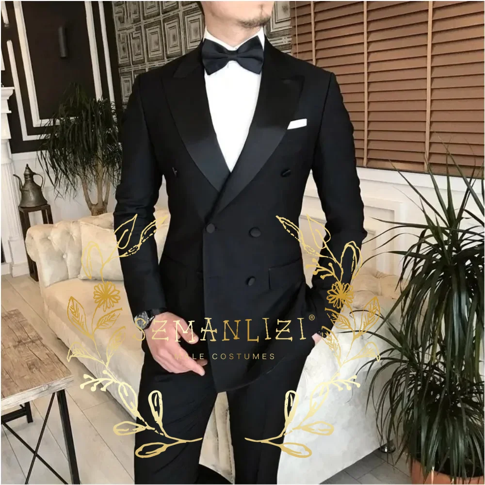 Double Breasted Slim Fit 2 Piece Wedding Men Suits Groom Tuxedos Formal Suits for Prom Party Best Man Peaked Lapel Blazer Pants