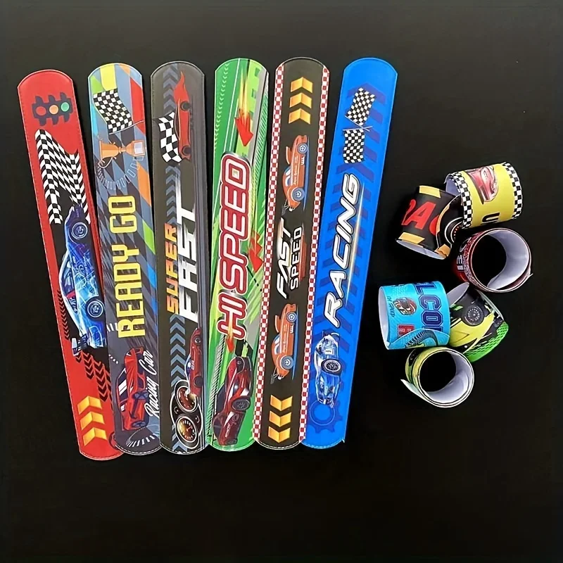 12Pcs Racing Car Theme Slap Circle Glitter Sequins Slap Pop Circle Bracelet For Baby Shower Birthday Party Decor Gifts