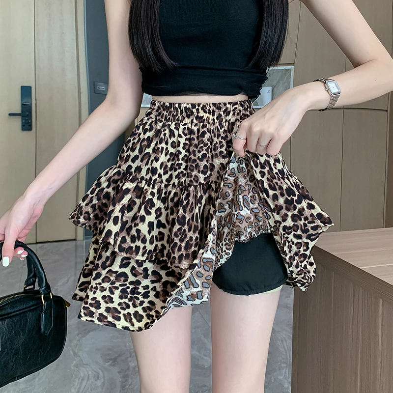 Leopard print ruffled edge cake short skirt for women\'s summer new high waisted fluffy elastic waist pleated skirt