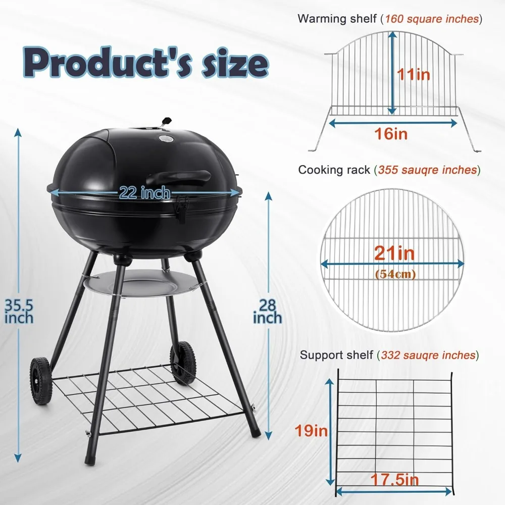 22-inch Charcoal Kettle Grill Set of 12, 2 Layer Grilling Racks Outdoor BBQ Grill, Heavy Duty Large Enameled Grills with