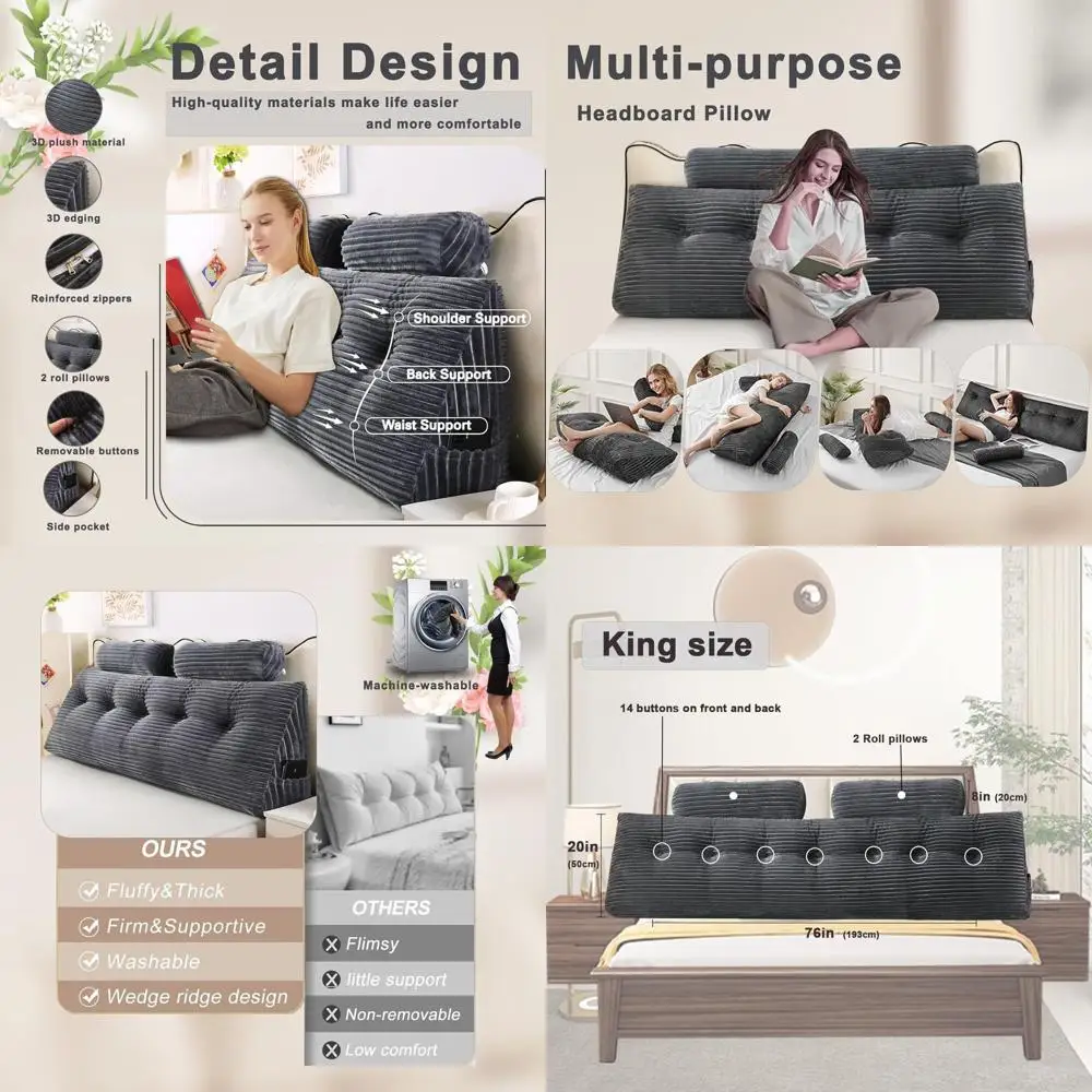 

Регулируемая подушка для чтения King Size с поддержкой спины и съемным моющимся чехлом, серая (76x8x20 дюймов)