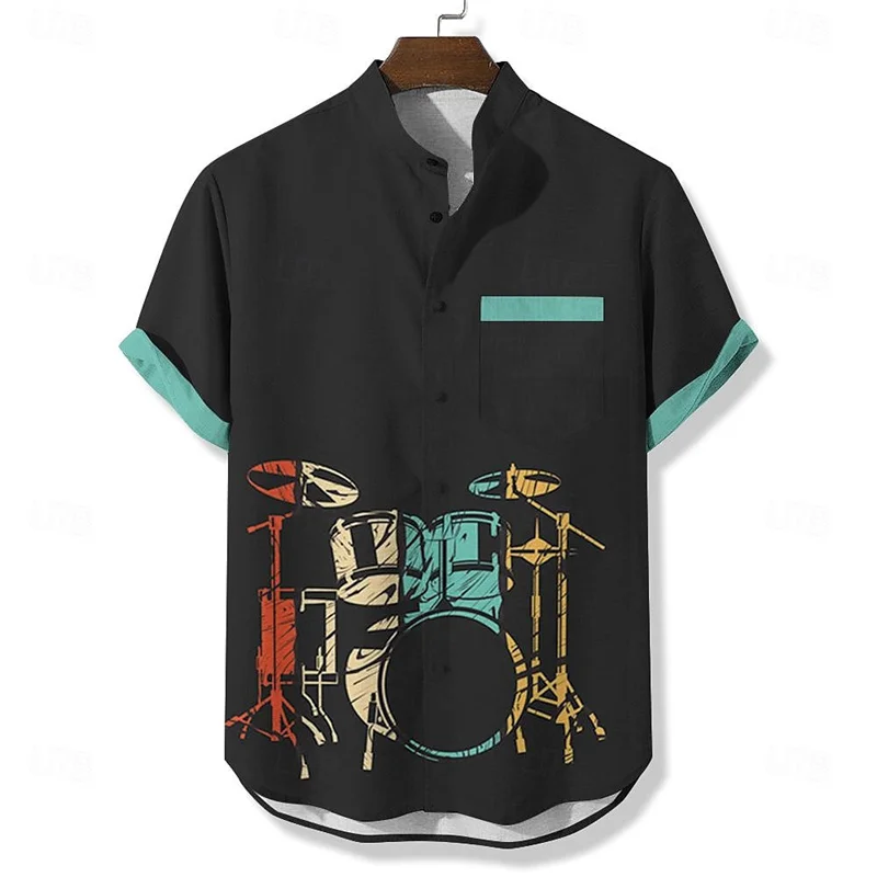 Hawaiian Men's T-shirt Shirt Fashion Music Symbol Black and White Plaid Button New Short Sleeve Lapel Men's Tops Plus Size