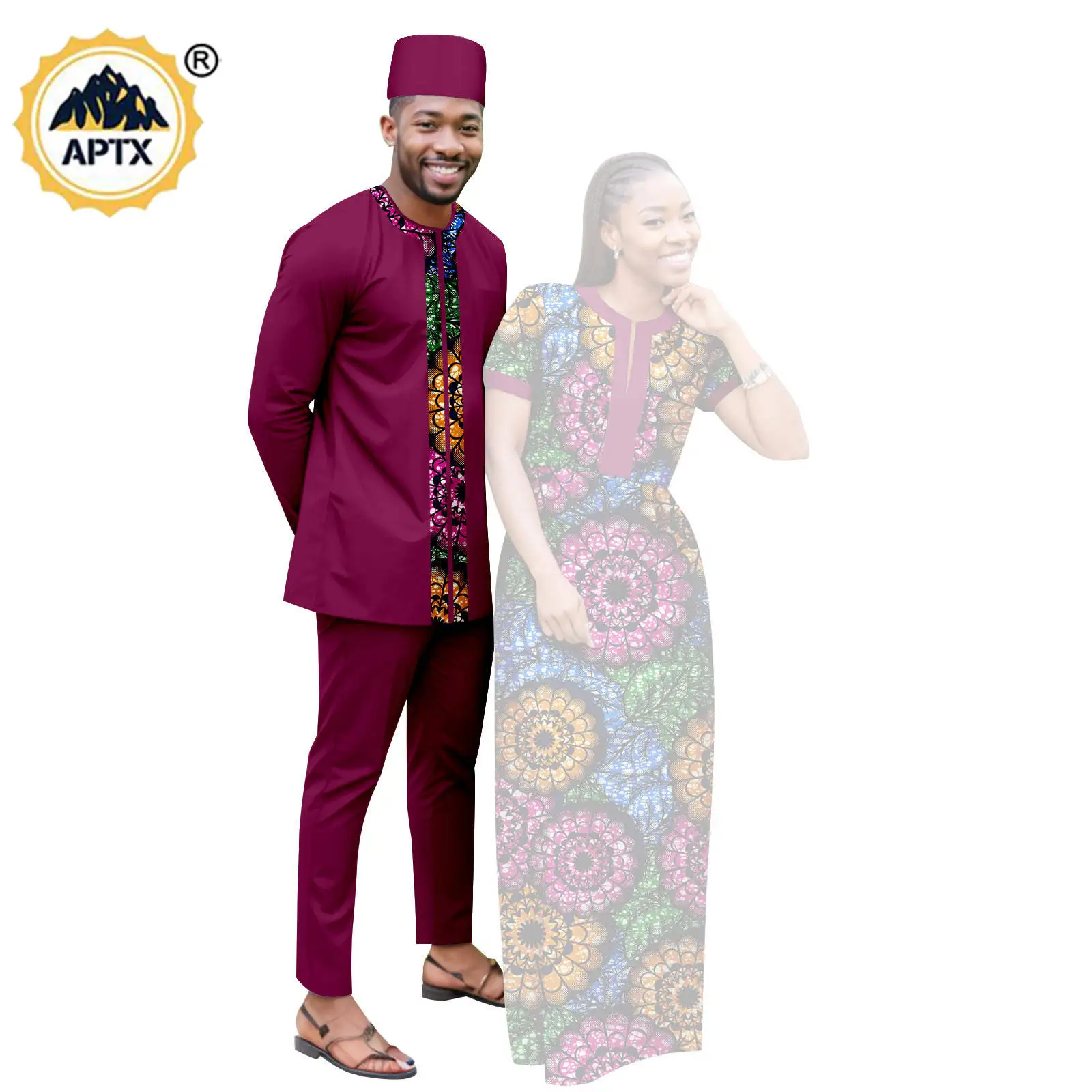 Dashiki African Clothes Print Long Dresses for Women Matching Couple Outfits Bazin Riche Men Hat Top Tee and Pant Sets Y23C119