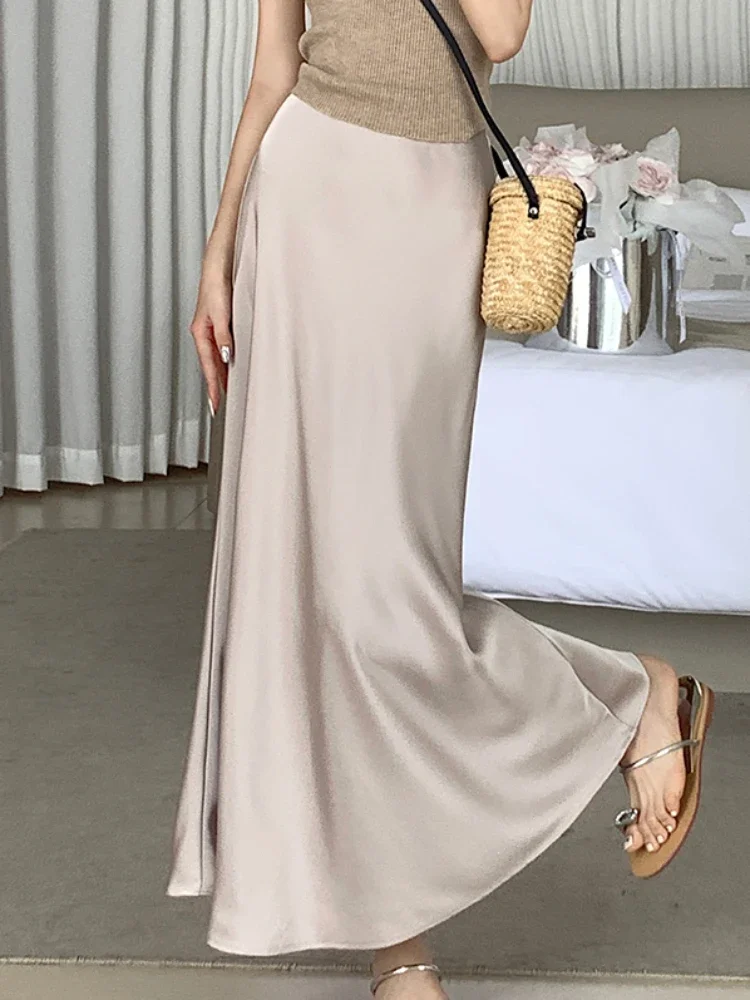 

Satin Skirt for Women 2025 Summer High Waisted Long Skirts Office Lady Solid Champagne Black Elastic Waist Women's A-line Skirt