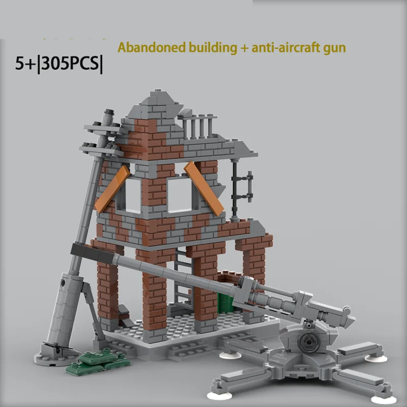 

WWII Military Creative Ruins Scene Abandoned Buildings Anti Aircraft Cannon Assembly Mock Building Blocks Boy Toy