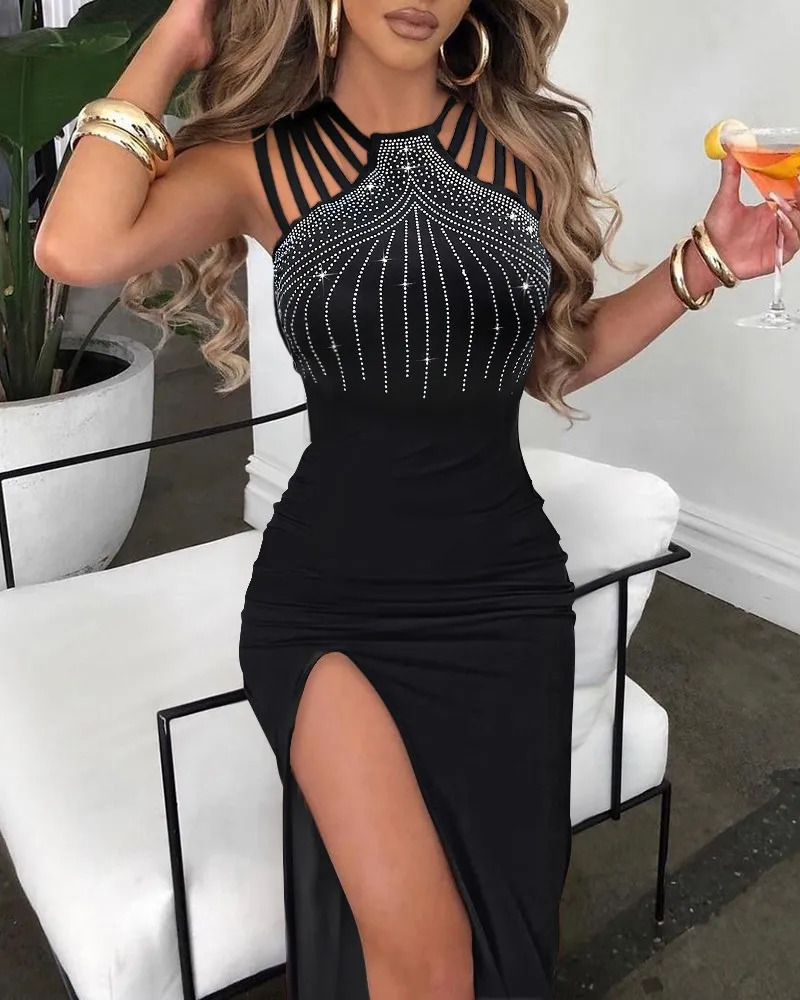 

Women's Dress Sleeveless Nightclub with Rhinestone Slit Hip-hugging Fashion Evening Slim Sexy Elegant New Long Skirt for Female