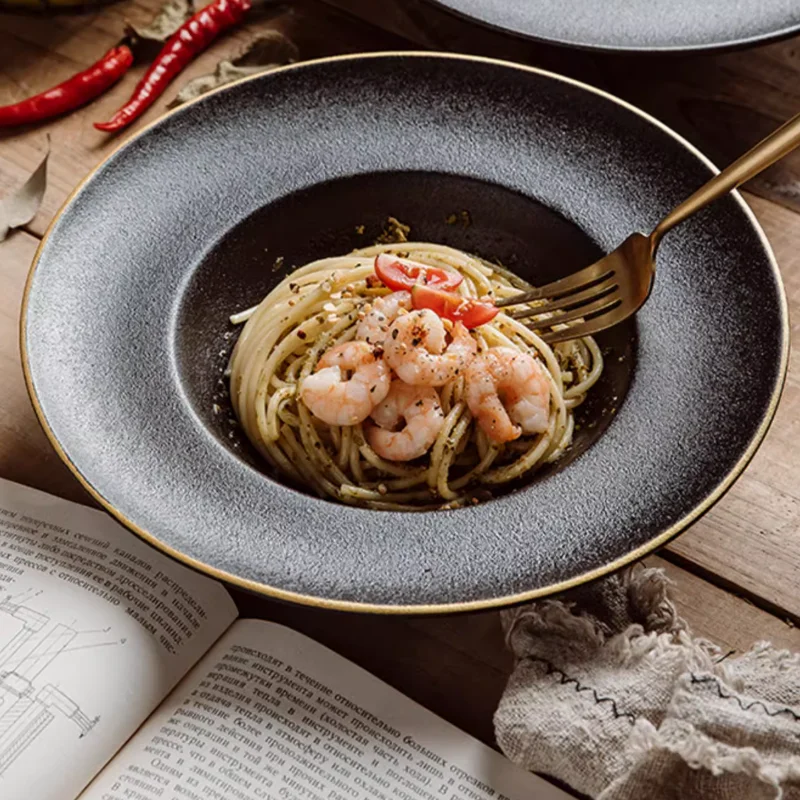 Black Frosted Ceramic Plate, Household Soup Bowl, Tableware, Straw Hat Plate, Salad Bowl, Pasta, Soup Plate, Kitchenware