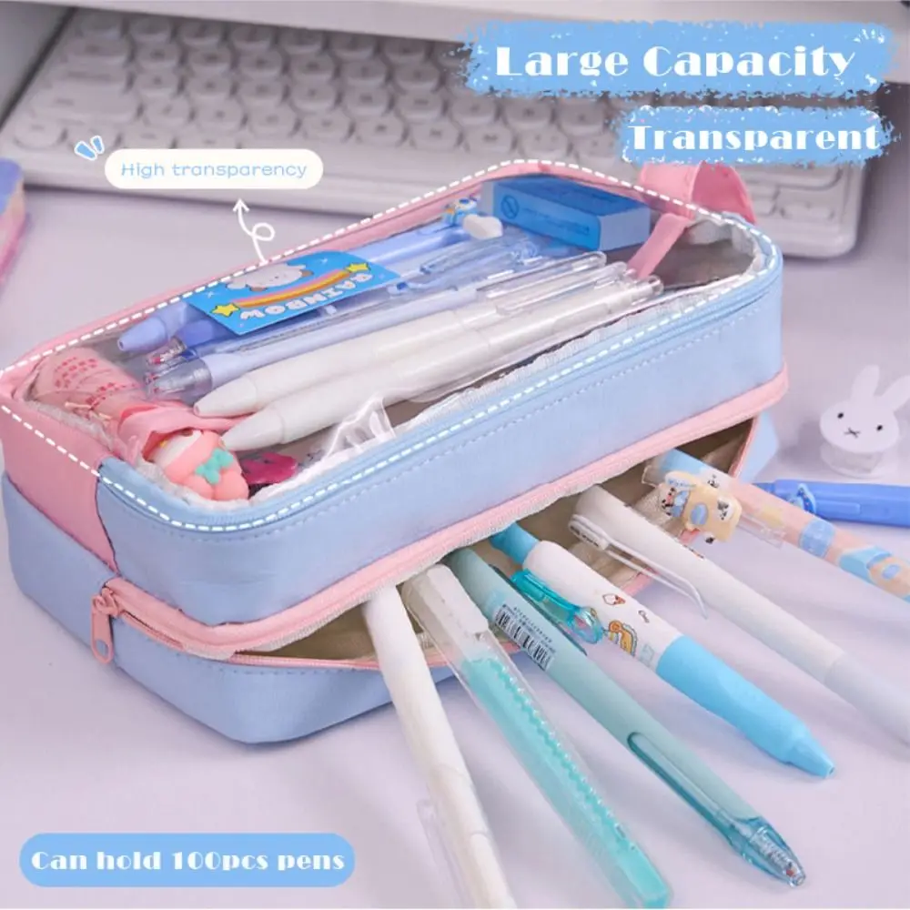 New PVC Pen Bag Contrast Color Handheld Pencil Case Transparent Large Capacity Pen Pouch Students