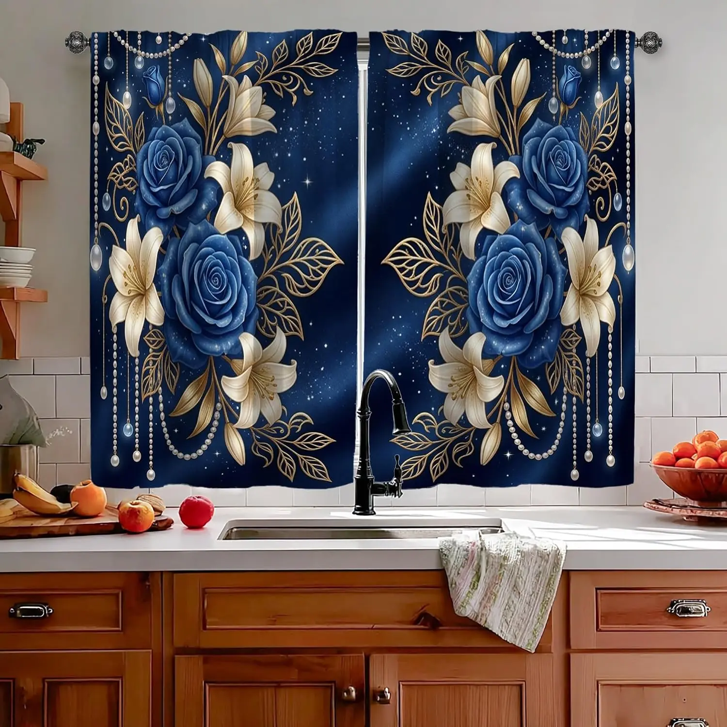 Elegant Blue Floral Curtain Pair with Gold Accents Luxury Polyester Window Drapes Home Decor Romantic Starry Pattern Bedroom Bat