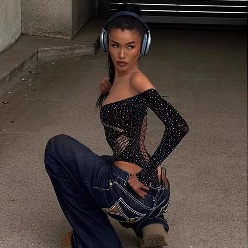 ملابس داخلية من الدانتيل للنساء خارج الكتف الجوف خارج شبكة شير الجسم أعلى الإناث الساخن عارية الذراعين ملهى ليلي الملابس الداخلية أعلى بالجملة #2