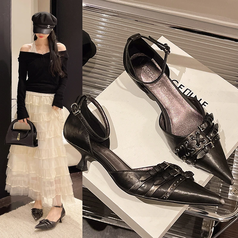 

Европейские и американские модные женские босоножки с ремешками на голову, кожаные туфли на высоком каблуке в стиле панк с пряжками, нишевые винтажные туфли-стилеты