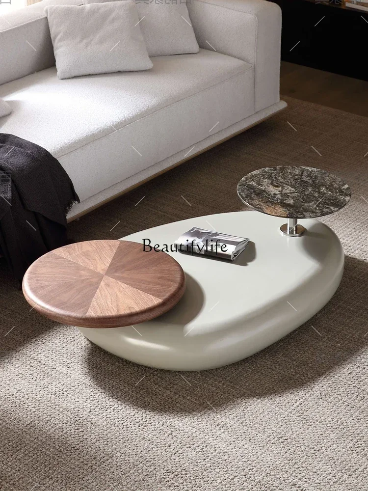 

02ls 18Italian minimalist natural stone rotatable oval coffee table