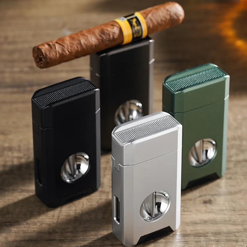 

Multifunctional Integrated Cigar V-cut Windproof Straight Jet Blue Flame Lighter Metal Material Visible Air Window Men's Gifts