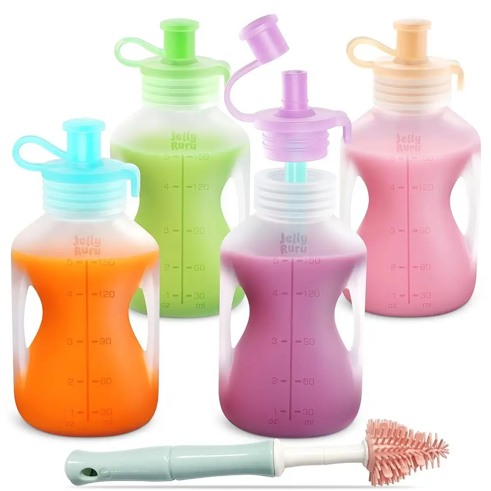 Reusable Silicone Baby Food Pouches, 2 Pack, Leakproof Squeeze Bags, Dishwasher, Freezer, Microwave Safe, 5OZ for Baby Food Stor