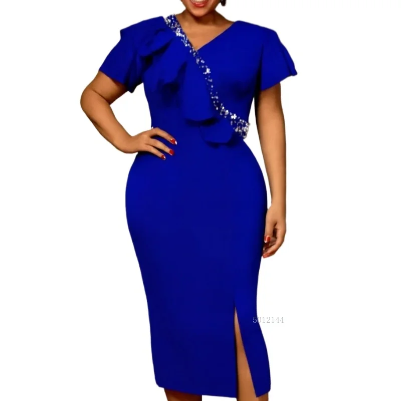 

Elegant Midi Beading Dresses for Women V Neck Ruffle Short Sleeves Package Hip Slit Classy Bodycon Evening Party Gowns 2026 New