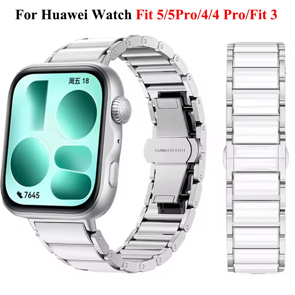 Keramikähnliches Armband für Huawei Watch Fit 5 5Pro, Armbandzubehör, Edelstahl-Keramik-Armband für Huawei Fit 3/4 Pro/5