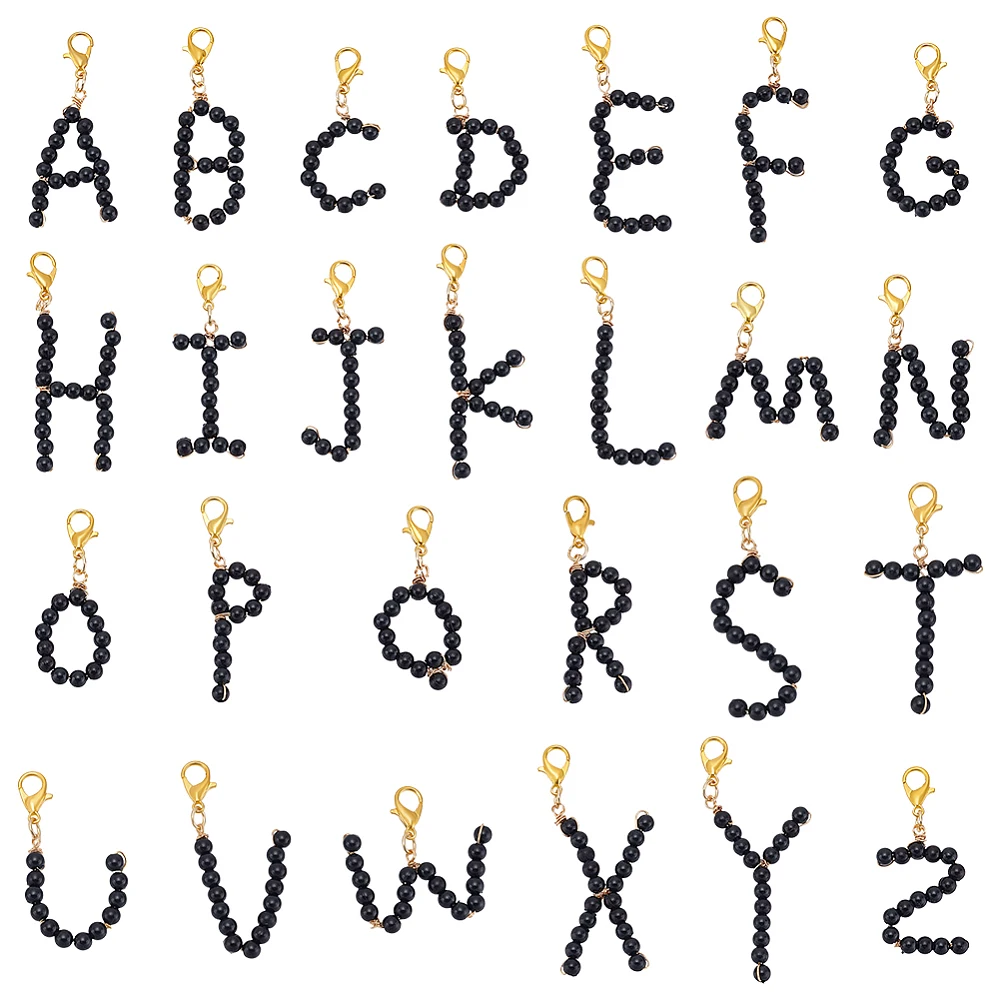 26Pcs A~Z Pendants Black Imitated Pearl Charm Alphabet Letter Charms with Golden Alloy Lobster Claw Clasps for Jewelry Bracelet