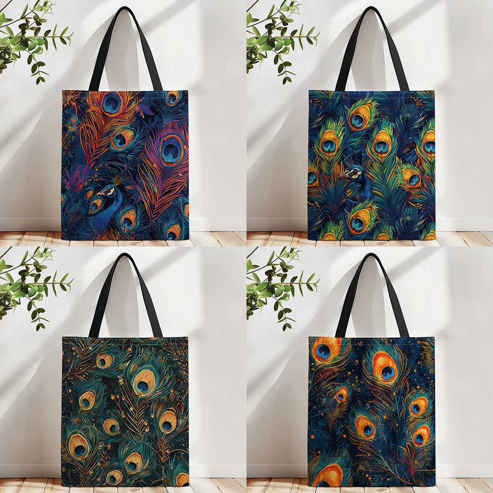 1pc Vintage Peacock Feather Tote Bag, Vibrant Blue & Green Feather Design, Perfect Gift for Family & Friends, Everyday Tote Bag