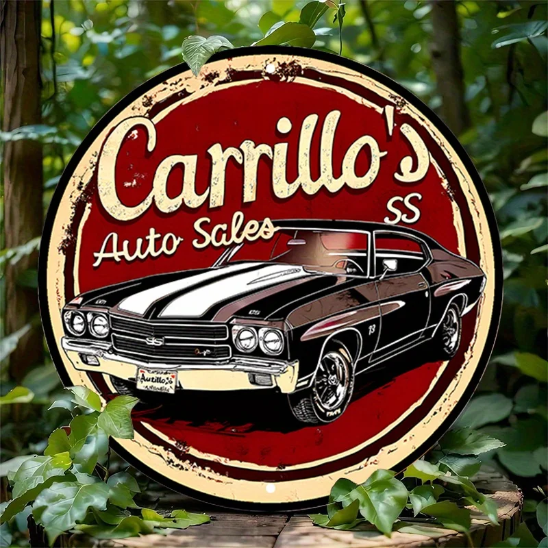 2D 1-teiliges rundes Retro-Holzlogo, Carrillo-Autoverkauf, klassische Autodekoration, geeignet für Bars, Cafés, Heimdekoration