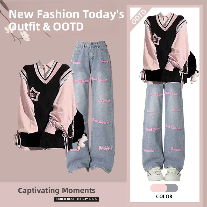 

Korean Sle Tee-Piece Set Vintage Letter Denim Jaet Vest irt Combo ort Size College Sle Outfit Ensemble